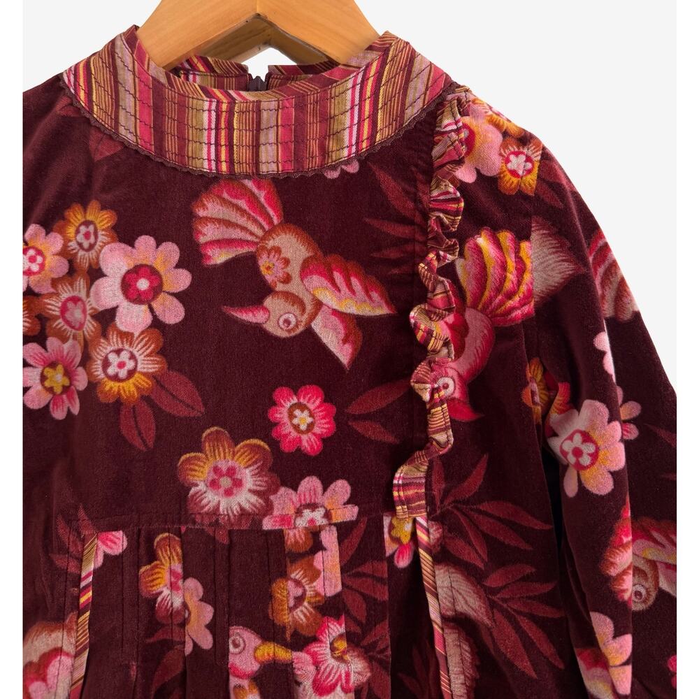 Oilily Girls Velvet Dress Bird Floral Print Pleated Whimsical Boho Vintage - Picture 3 of 6